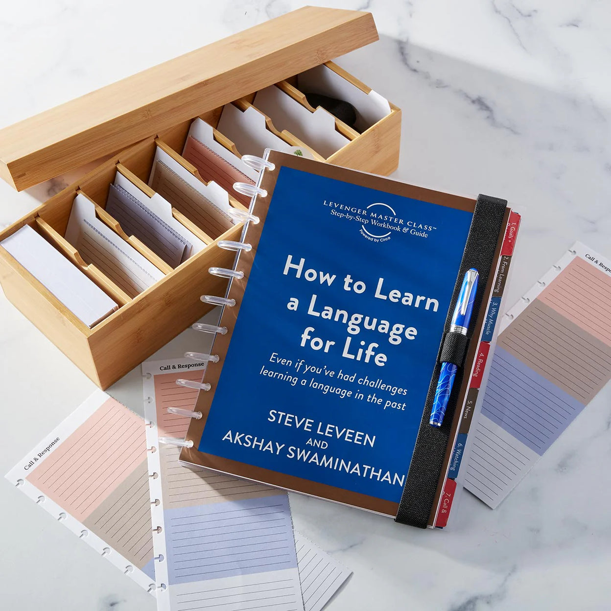 A Levenger Pocket Briefcase open on a cafe table with a 3x5 to‑do card, pen, and a timer set to 25 minutes.