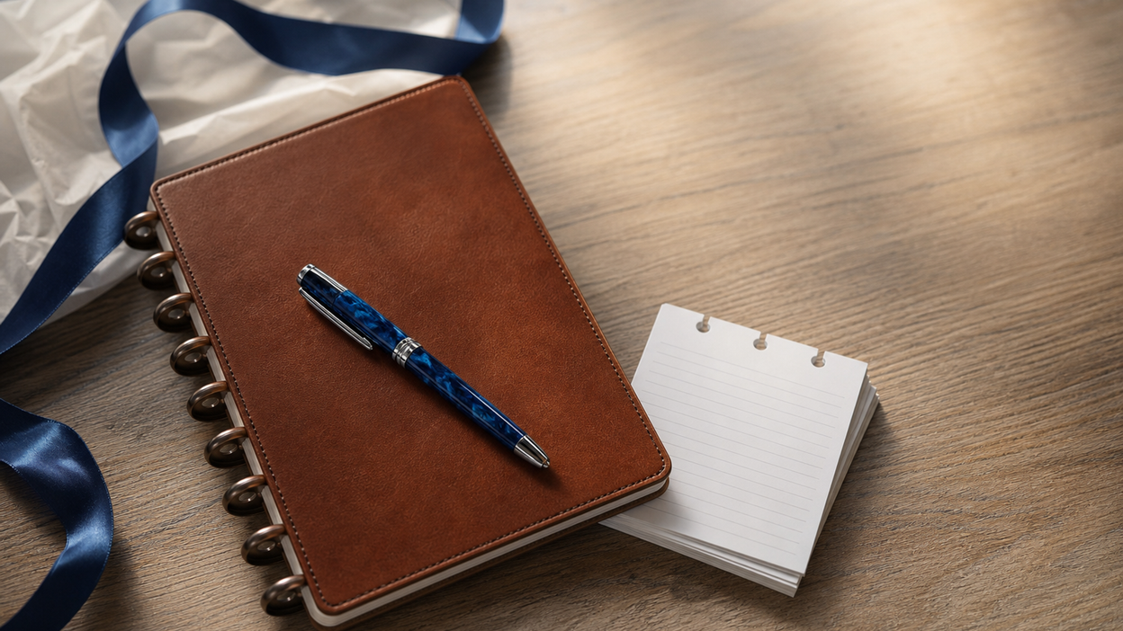 Celebratory desk scene with a monogrammed leather notebook, an engraved pen, and a pen saddle arranged neatly beside a congratulatory card.