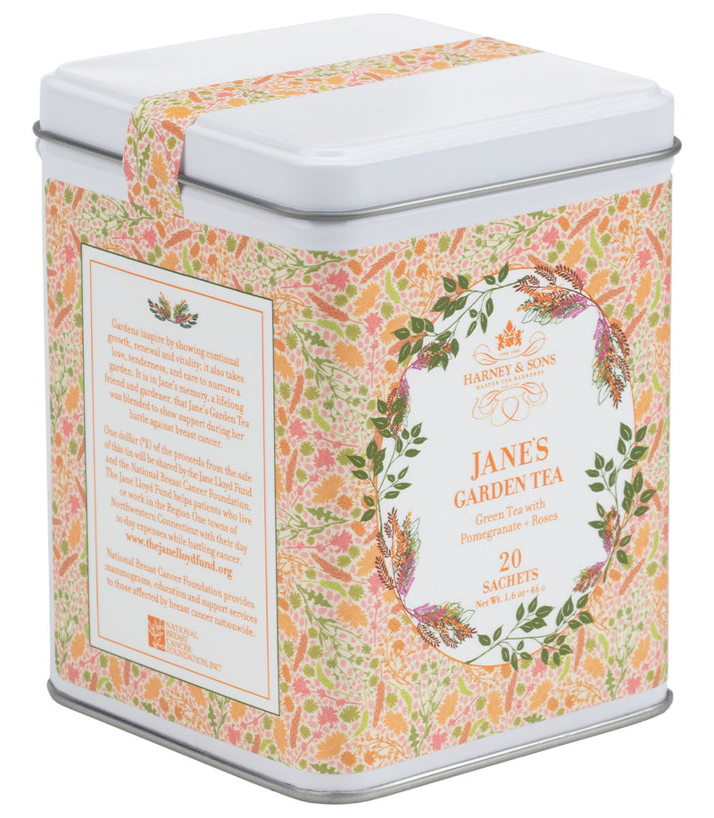 Harney & Sons Jane's Garden Tea tin with 20 sachets in a pastel floral design.