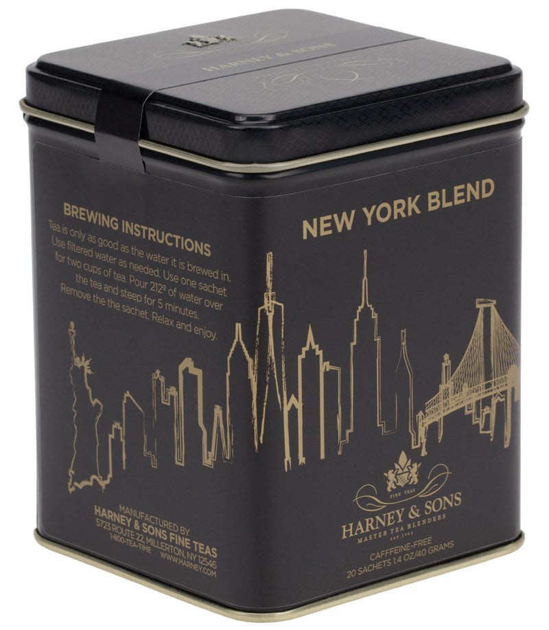 Harney & Sons New York Blend tea tin with gold skyline artwork